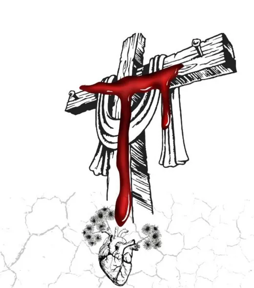 Logo do Ministério Efatá: cruz com o sangue de Cristo sobre um coração em terra rachada